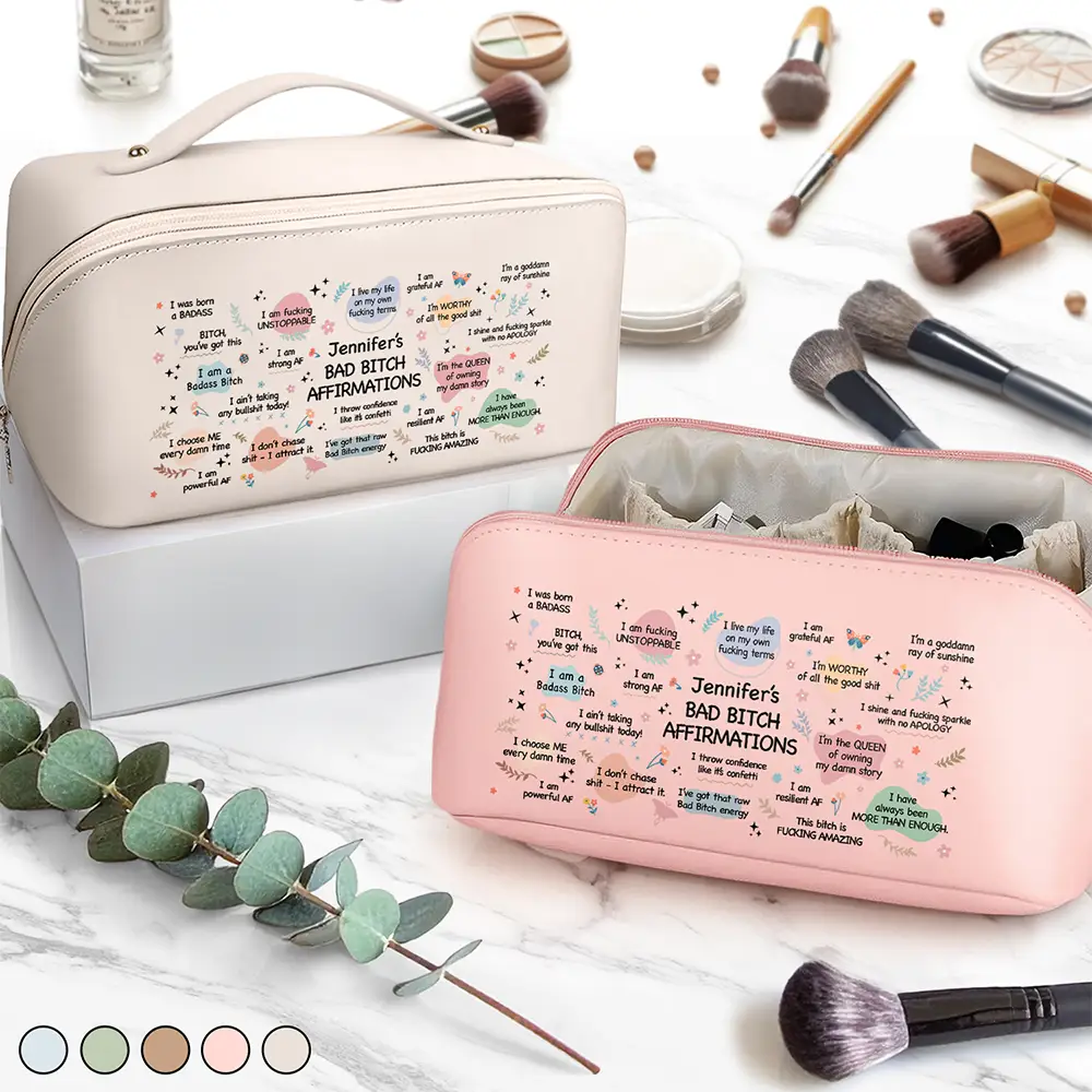 Bad Bi*ch Affirmation - Personalized Leather Makeup Bag - Image 5