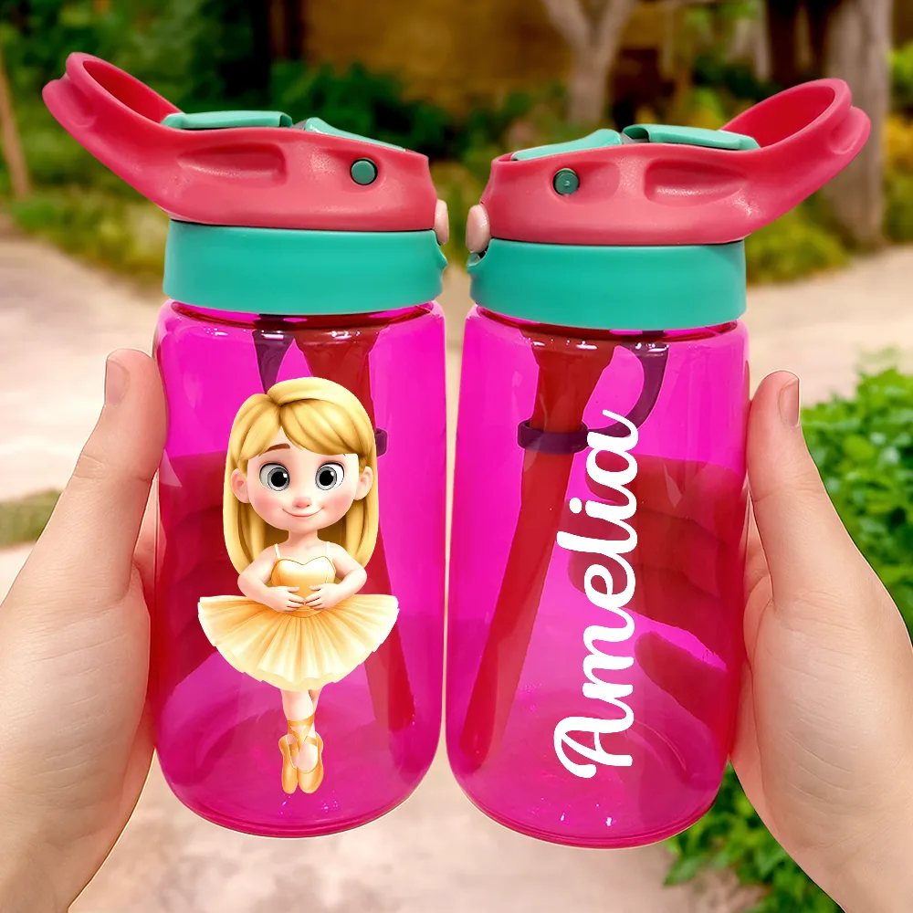 Ballerina Cute Girl 3D Effect - Personalized Kids Water Bottle With Straw - Image 2