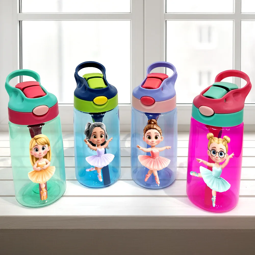Ballerina Cute Girl 3D Effect - Personalized Kids Water Bottle With Straw - Image 3