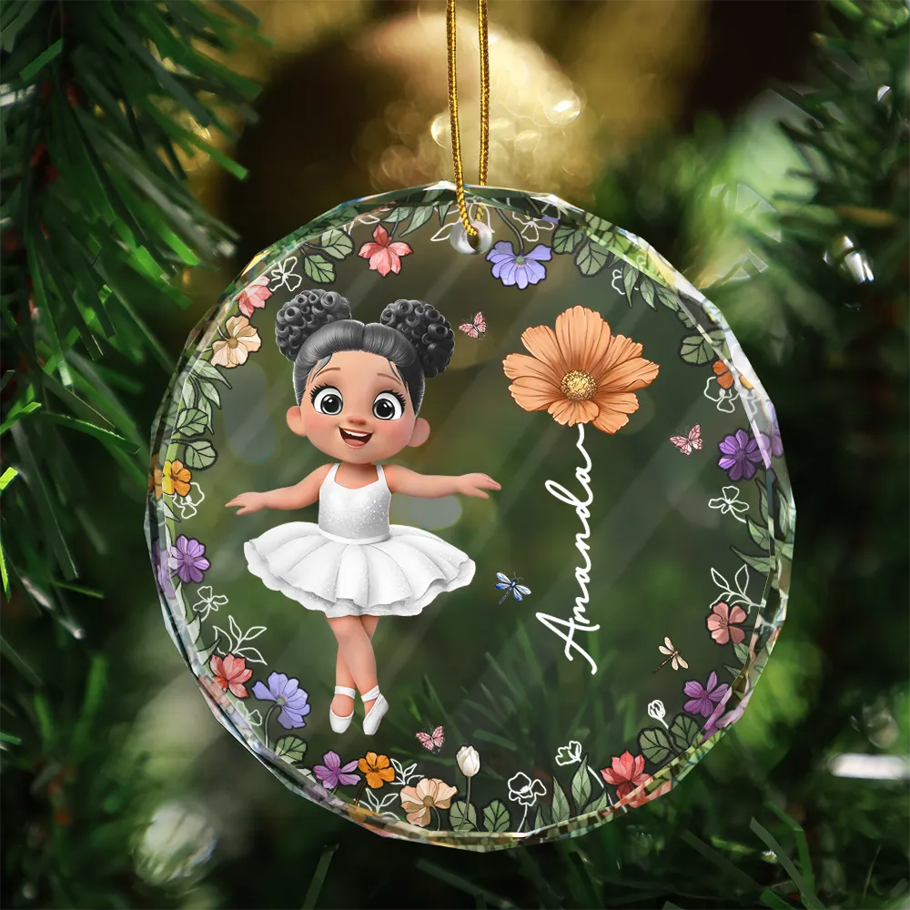 Ballet Kid Girl Birth Month Flower - Personalized Circle Glass Ornament - Image 3