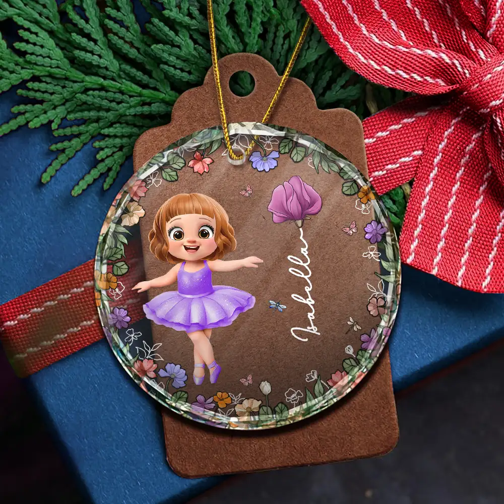 Ballet Kid Girl Birth Month Flower - Personalized Circle Glass Ornament - Image 5