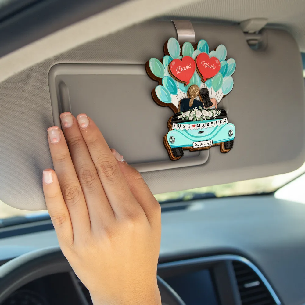 Balloon Car Just Married Couple - Personalized Custom Shaped Car Visor Clip - Image 5
