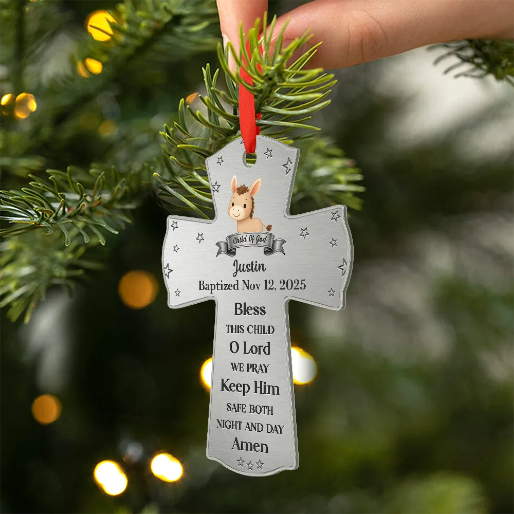 Baptism Cross Bless This Child - Personalized Metal Ornament - Image 2