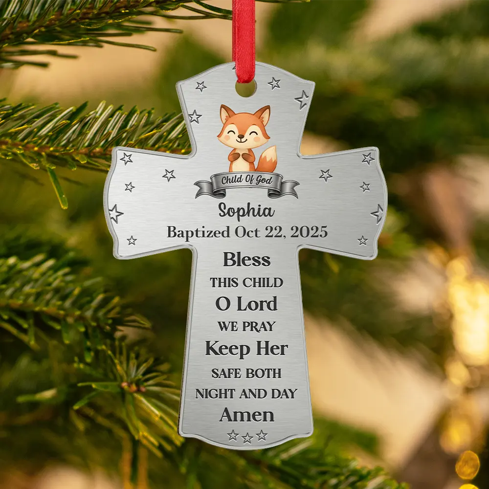 Baptism Cross Bless This Child - Personalized Metal Ornament - Image 3