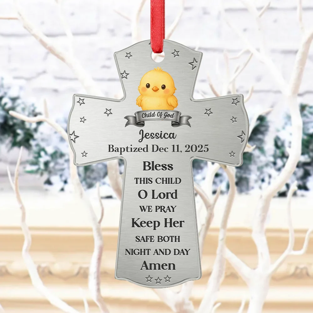 Baptism Cross Bless This Child - Personalized Metal Ornament - Image 4