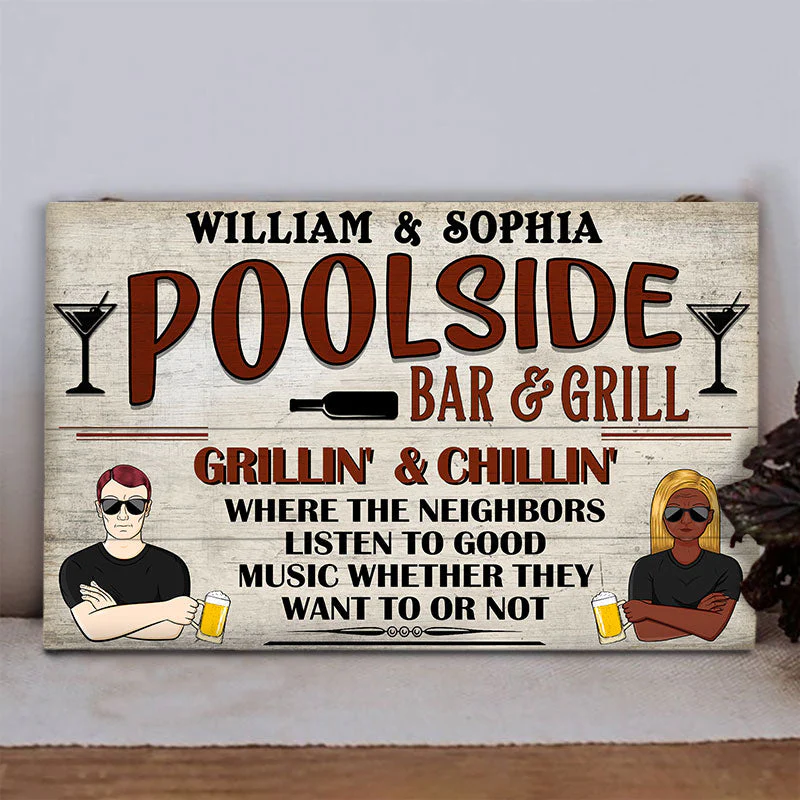 Bar & Grill Where The Neighbor - Swimming Pool Decor - Personalized Custom Wood Rectangle Sign - Image 2