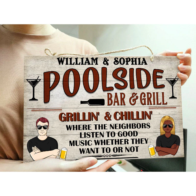 Bar & Grill Where The Neighbor - Swimming Pool Decor - Personalized Custom Wood Rectangle Sign - Image 4