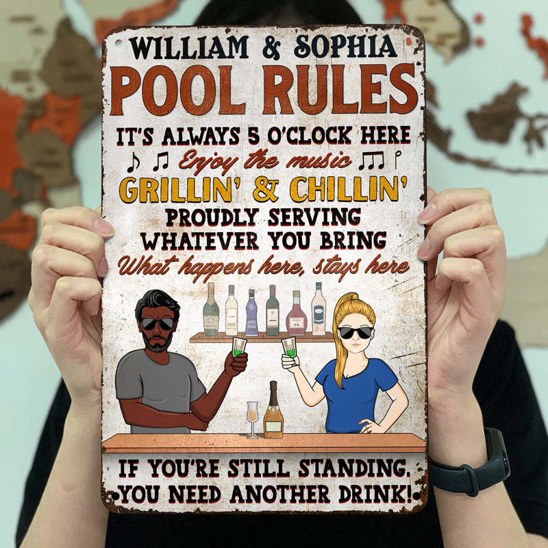 Bar Rules What Happens Here Stays Here Grilling Patio Couple Husband Wife - Backyard Sign - Personalized Custom Classic Metal Signs - Image 3