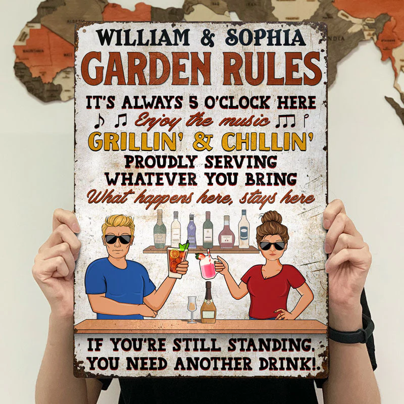 Bar Rules What Happens Here Stays Here Grilling Patio Couple Husband Wife - Backyard Sign - Personalized Custom Classic Metal Signs - Image 4