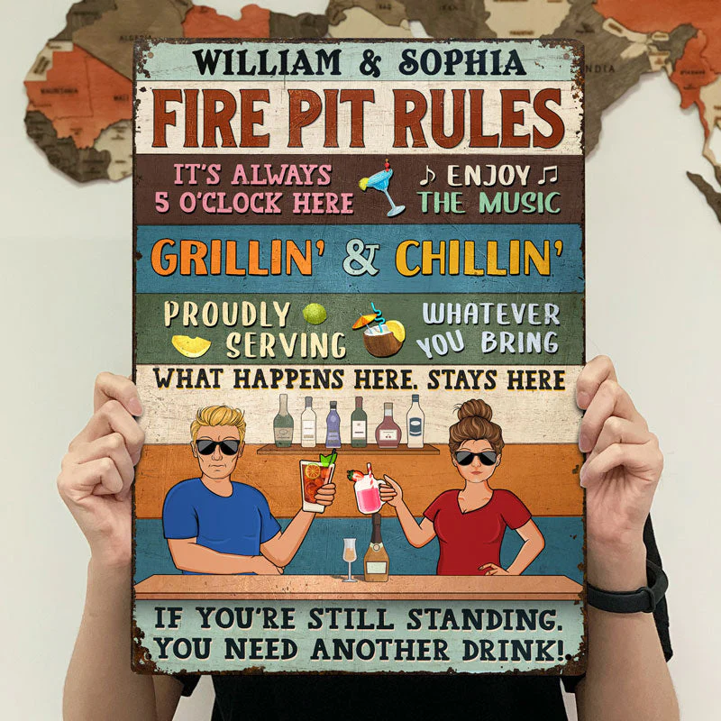 Bar Rules What Happens Here Stays Here Grilling Patio Couple Husband Wife Vintage - Backyard Sign - Personalized Custom Classic Metal Signs - Image 4