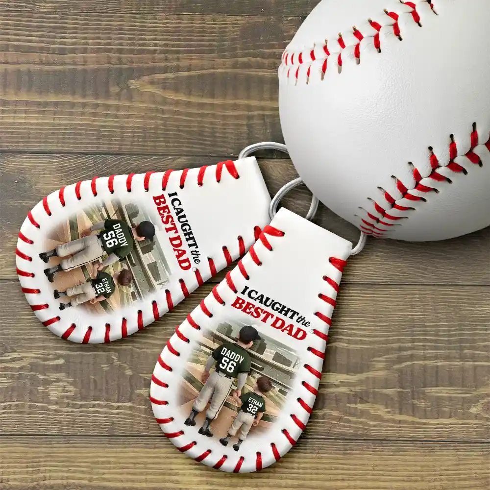 Baseball Daddy's Team I Caught The Best Dad - Personalized Leather Baseball Keychain - Image 3
