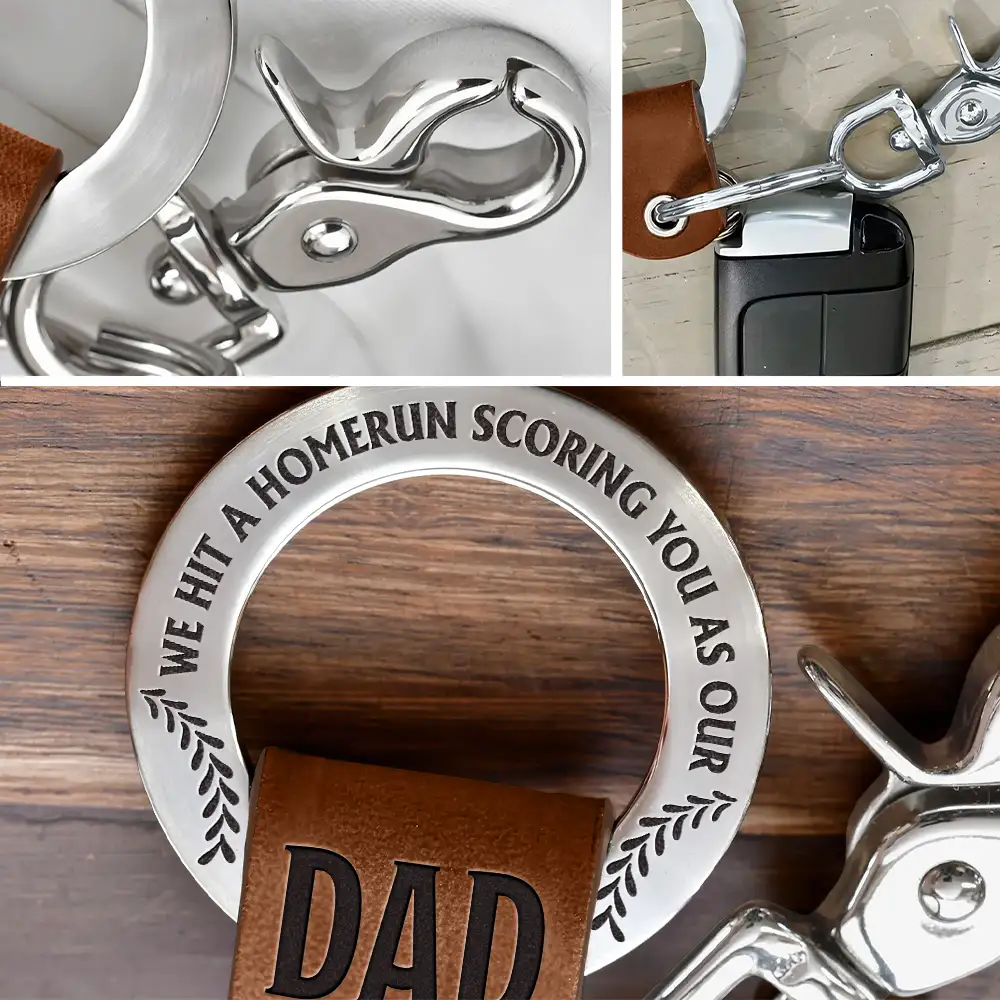 Baseball Hit A Homerun Scoring You As Dad Papa Husband - Personalized Leather Coordinates Keychain - Image 5