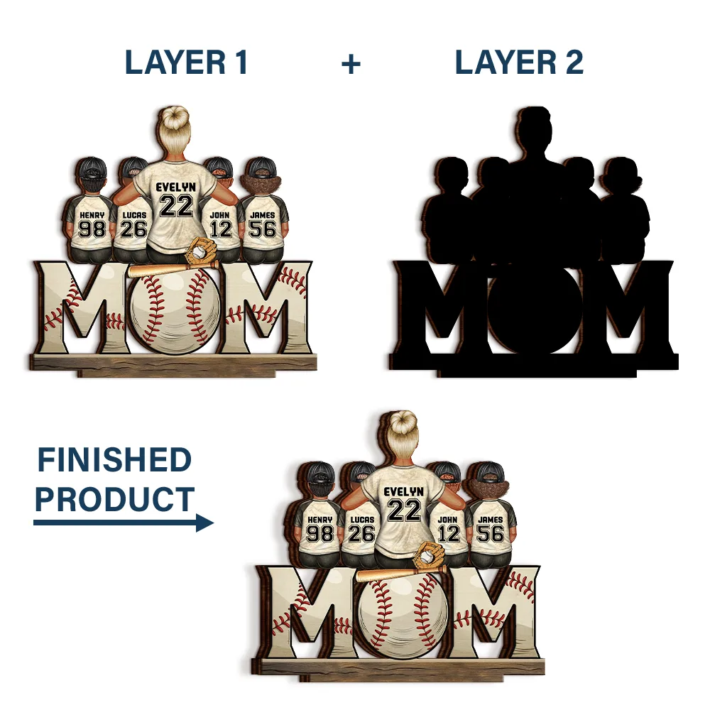 Baseball Mom And Kids - Personalized Custom Shaped 2-Layered Wooden Plaque - Image 5