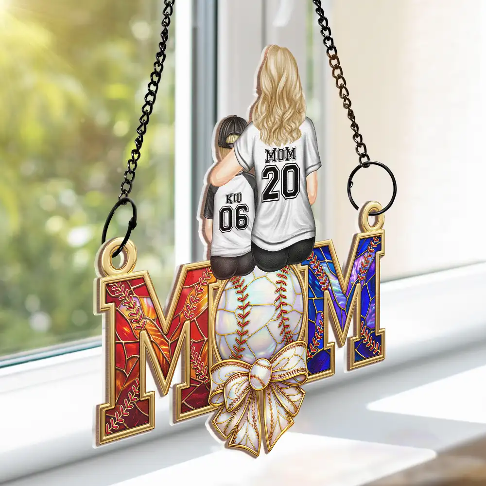 Baseball Mom Behind A Baseball Player - Personalized Window Hanging Suncatcher Ornament - Image 4