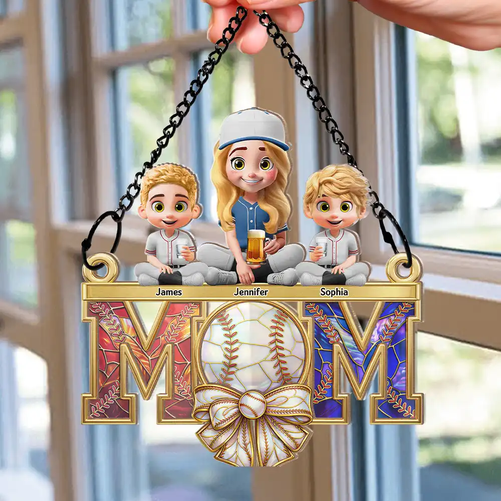 Baseball Mom & Kids Stained Glass Effect - Personalized Window Hanging Suncatcher Ornament - Image 2
