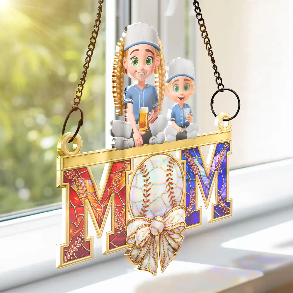 Baseball Mom & Kids Stained Glass Effect - Personalized Window Hanging Suncatcher Ornament - Image 3