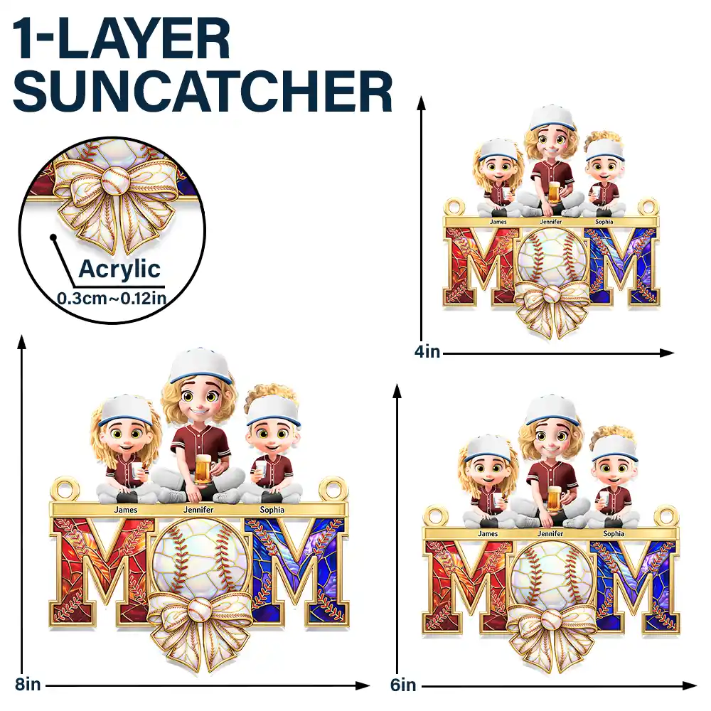 Baseball Mom & Kids Stained Glass Effect - Personalized Window Hanging Suncatcher Ornament - Image 5