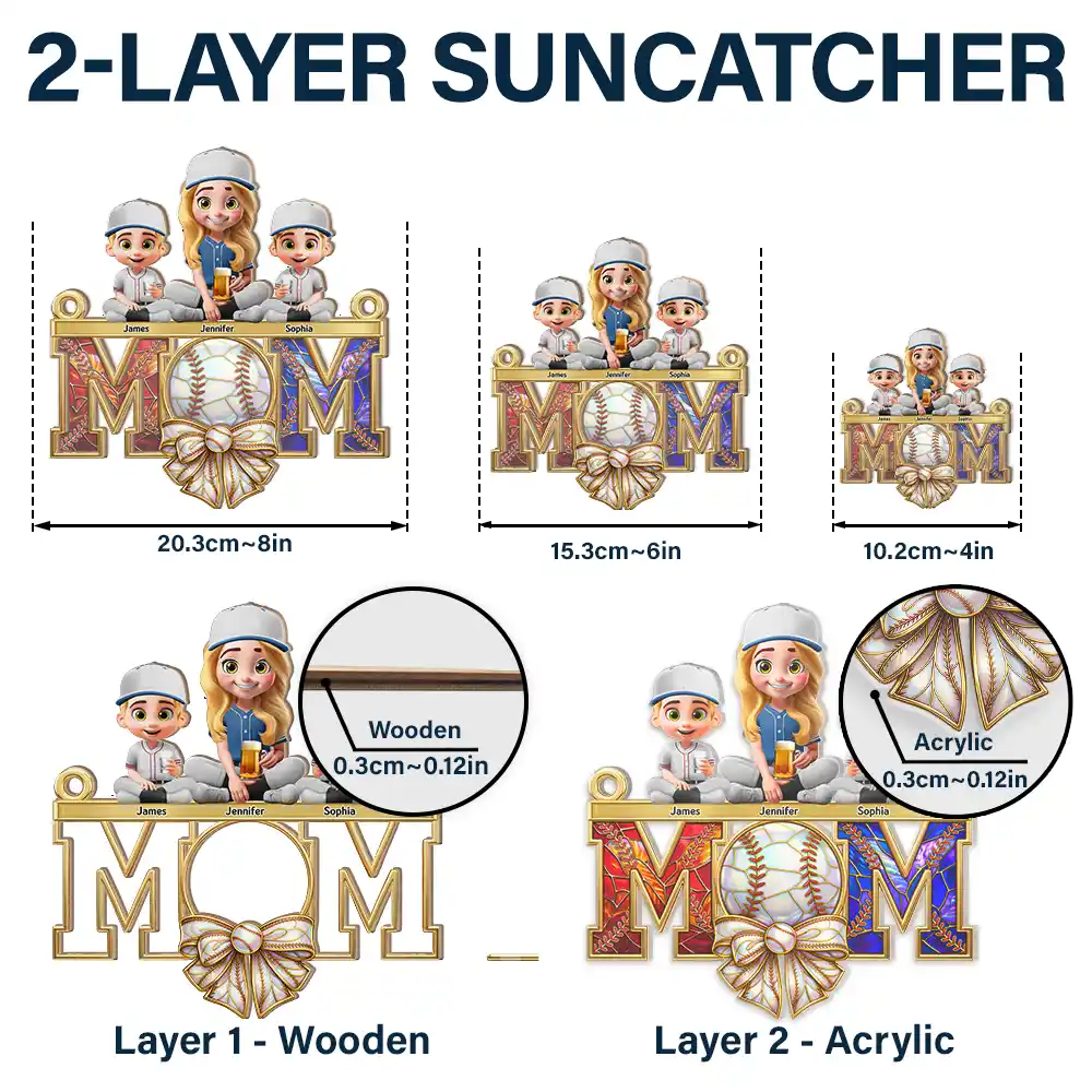 Baseball Mom & Kids Stained Glass Effect - Personalized Window Hanging Suncatcher Ornament - Image 6