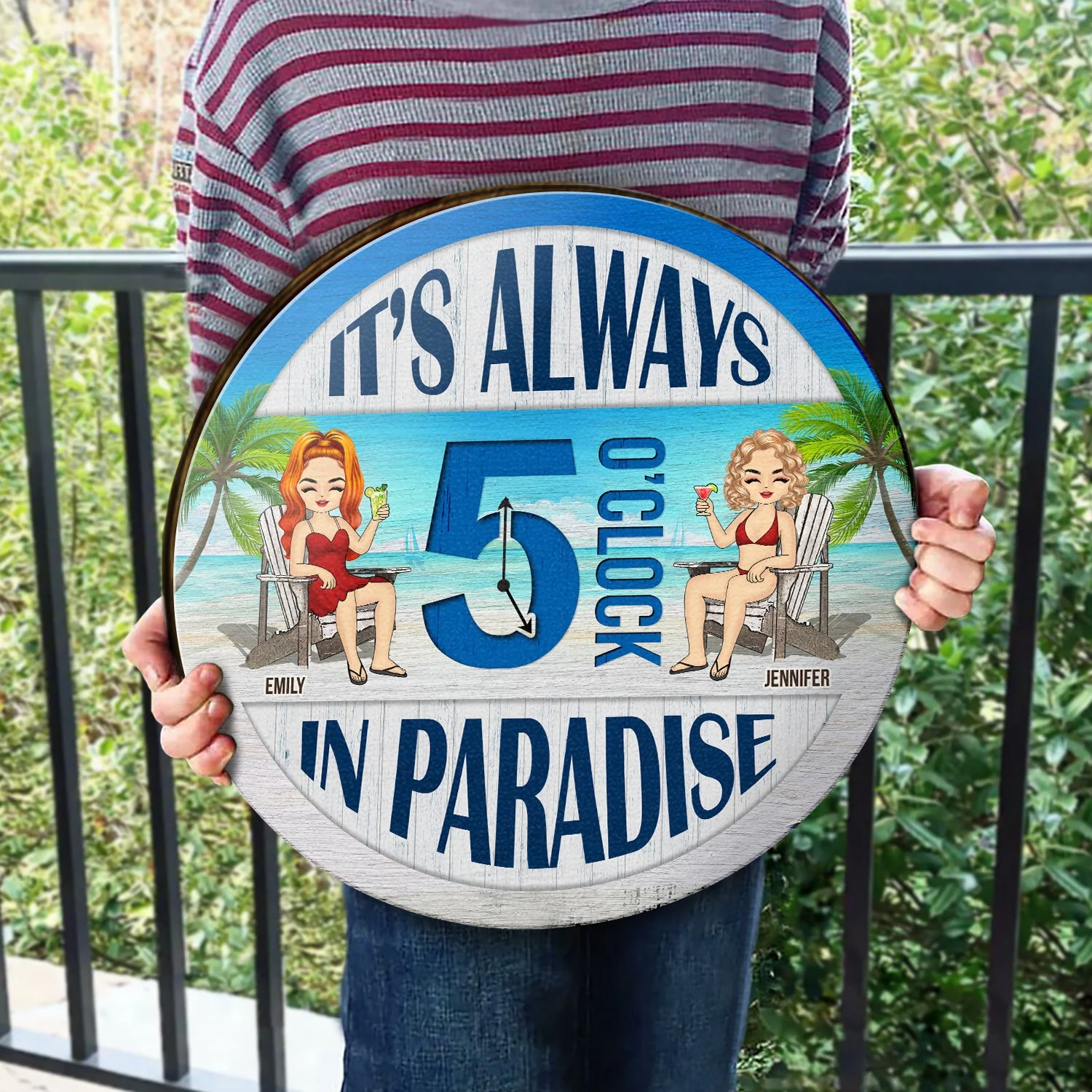 Beach Always 5 O'Clock In Paradise - Gift For Couples - Personalized Custom Wood Circle Sign - Image 3
