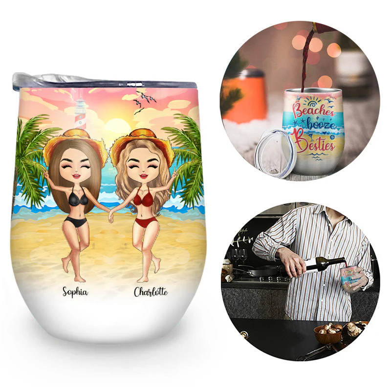 Beach Best Friends Beaches Booze Besties - Gift For BFF - Personalized Custom Wine Tumbler - Image 2