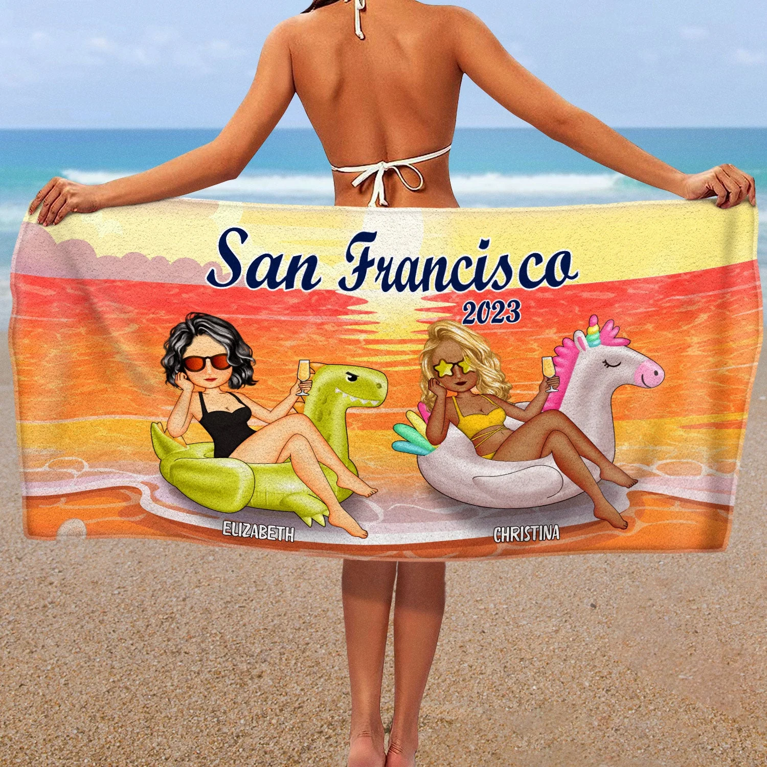 Beach Bestie Flamingo Girl - Gift For Bestie, Gift For Women - Personalized Beach Towel - Image 2
