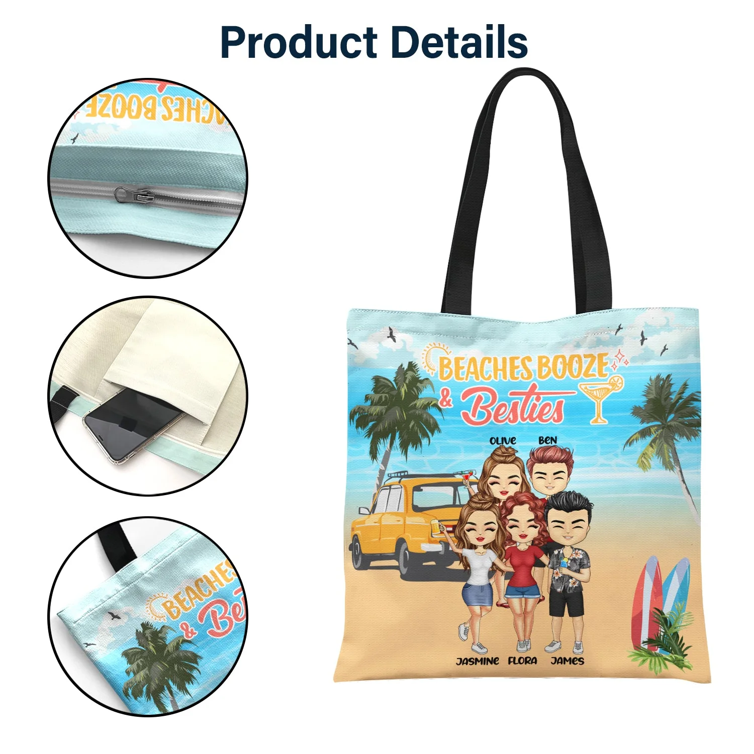 Beach Booze And Besties - Gift For Bestie - Personalized Custom Zippered Canvas Bag - Image 5