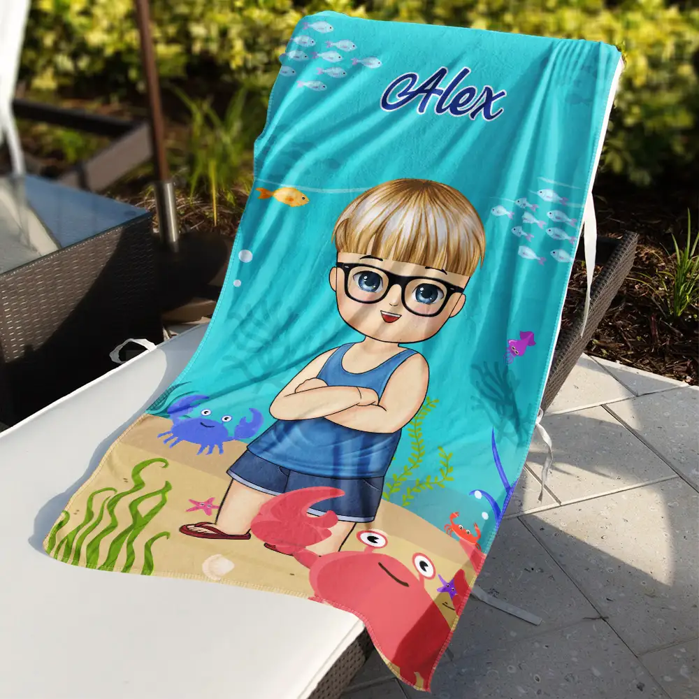 Beach Cartoon Kid - Personalized Beach Towel - Image 3