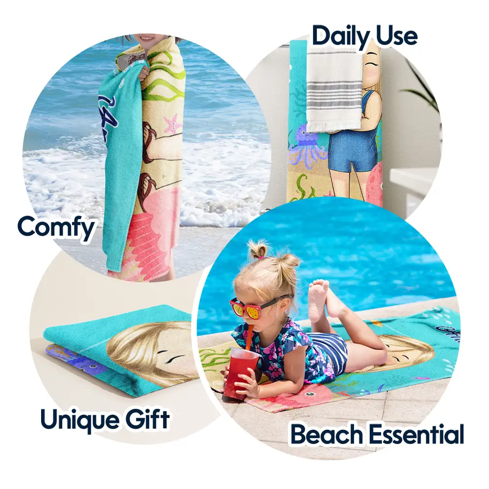 Beach Cartoon Kid - Personalized Beach Towel - Image 5