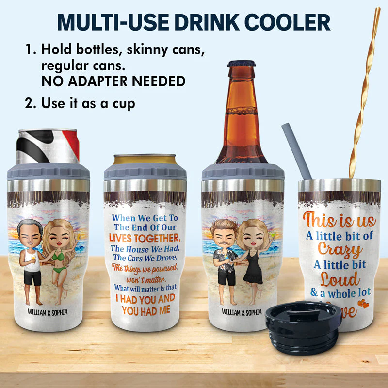 Beach Chibi Couple Husband And Wife Drinking Buddies For Life - Gift For Couples - Personalized Custom Triple 3 In 1 Can Cooler - Image 2