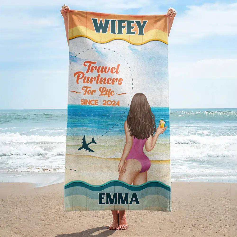 Beach Couple Travel Partners For Life - Personalized Beach Towel - Image 2