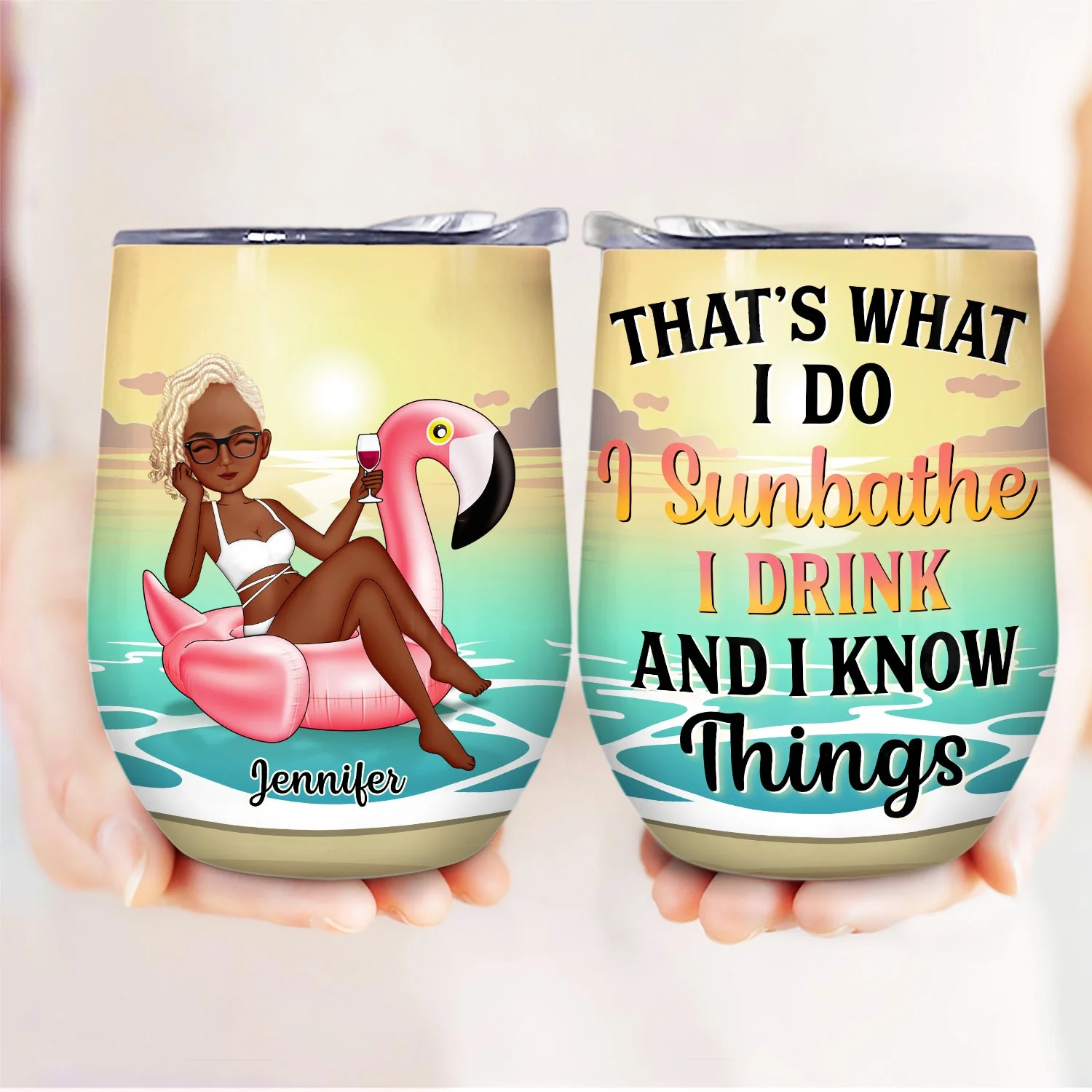 Beach Flamingo I Sunbathe I Drink & I Know Things - Gift For Yourself, Beach Lovers - Personalized Custom Wine Tumbler - Image 3