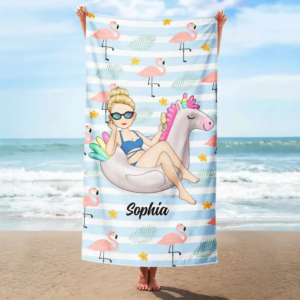 Beach Girl Pool Girl Flamingo - Personalized Beach Towel - Image 2
