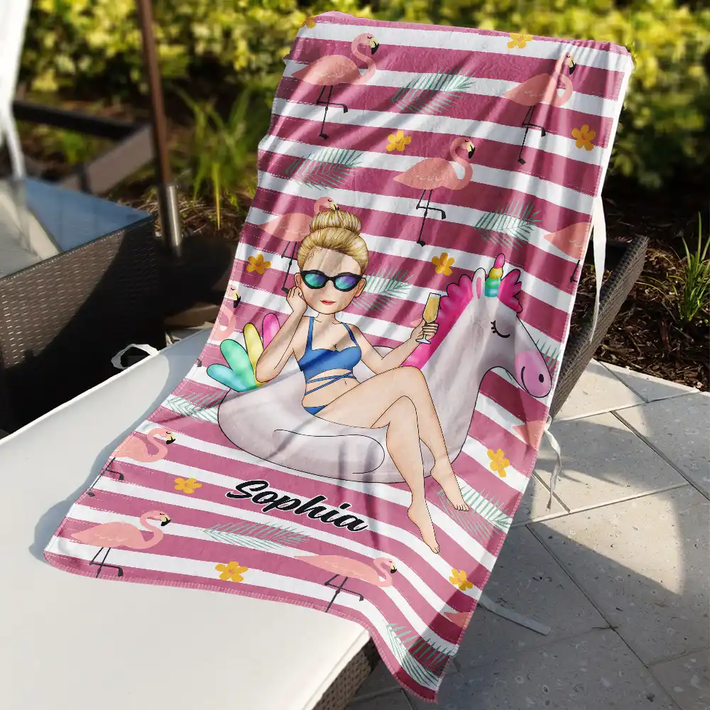Beach Girl Pool Girl Flamingo - Personalized Beach Towel - Image 3