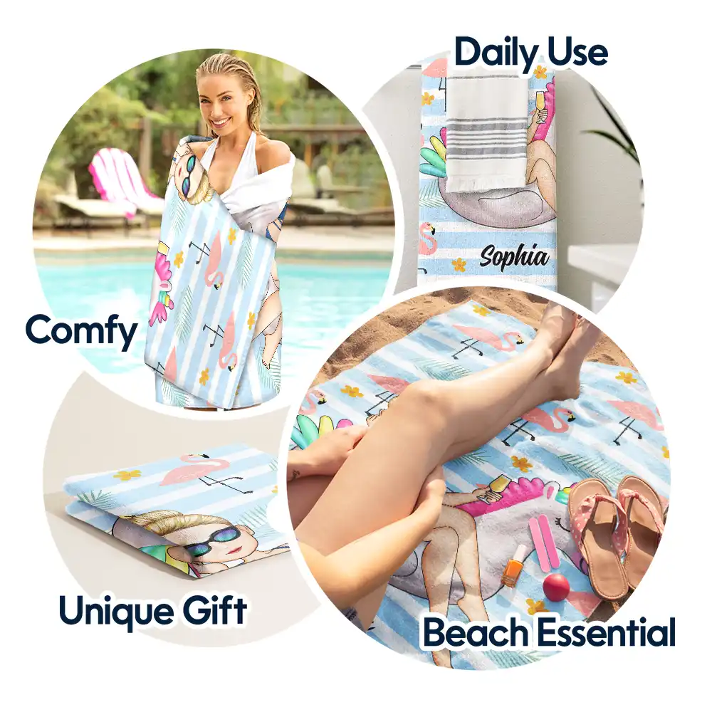 Beach Girl Pool Girl Flamingo - Personalized Beach Towel - Image 5
