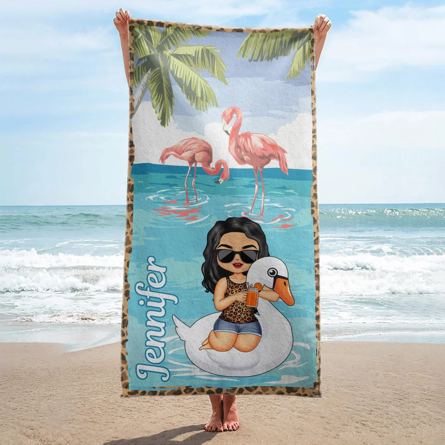 Beach Girl Pool Girl Flamingo Unicorn - Birthday, Anniversary, Travel, Vacation Gift For Woman - Personalized Beach Towel - Image 2