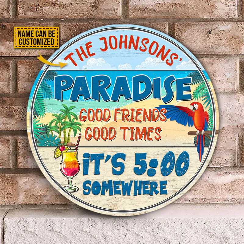 Beach Parrot Paradise It's 5 O'Clock Somewhere, Beach House, Outdoor Bar Decor, Custom Wood Circle Sign - Image 2