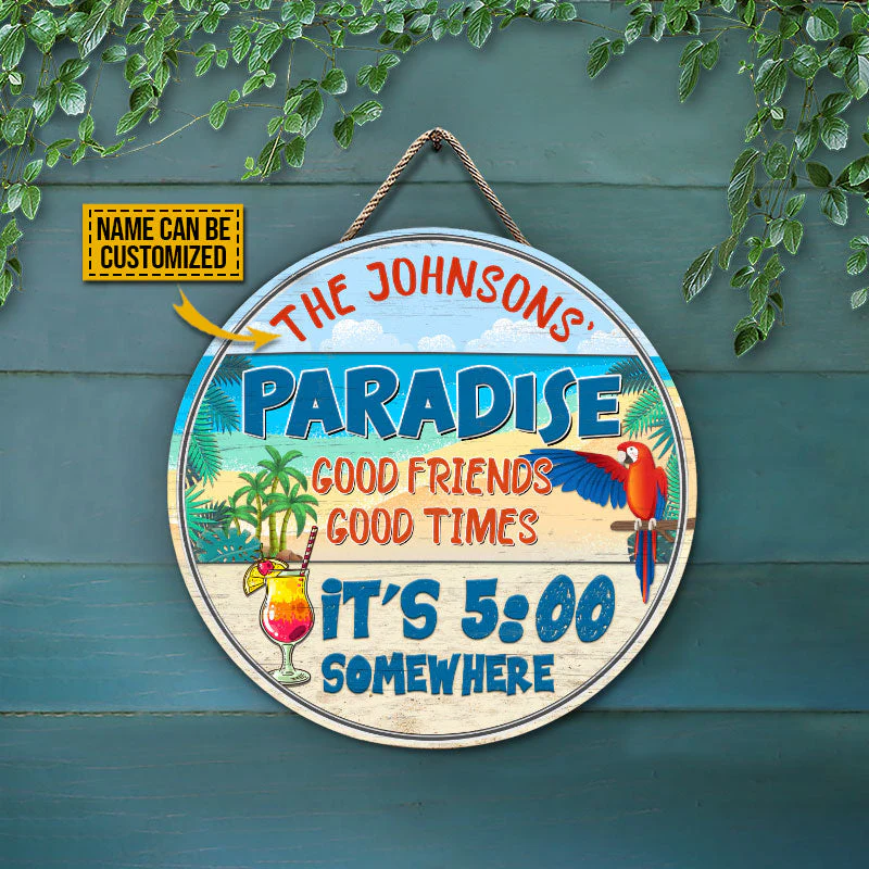 Beach Parrot Paradise It's 5 O'Clock Somewhere, Beach House, Outdoor Bar Decor, Custom Wood Circle Sign - Image 3