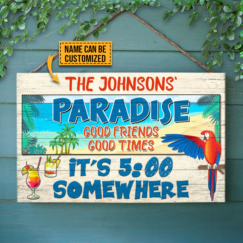 Beach Parrot Paradise It's 5 O'clock Somewhere, Beach House, Outdoor Bar Decor, Custom Wood Rectangle Sign - Image 3