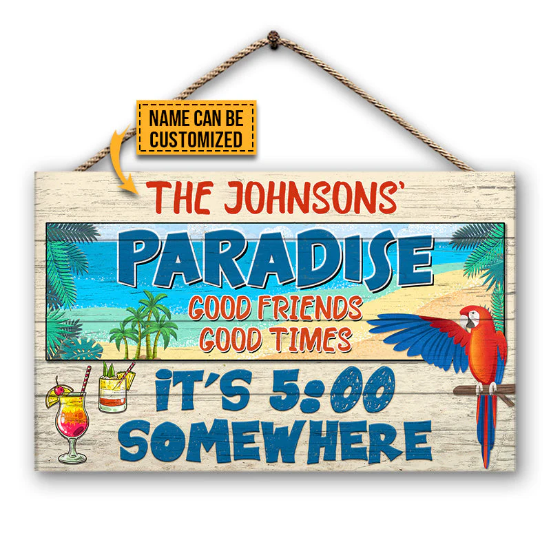 Beach Parrot Paradise It's 5 O'clock Somewhere, Beach House, Outdoor Bar Decor, Custom Wood Rectangle Sign - Image 4