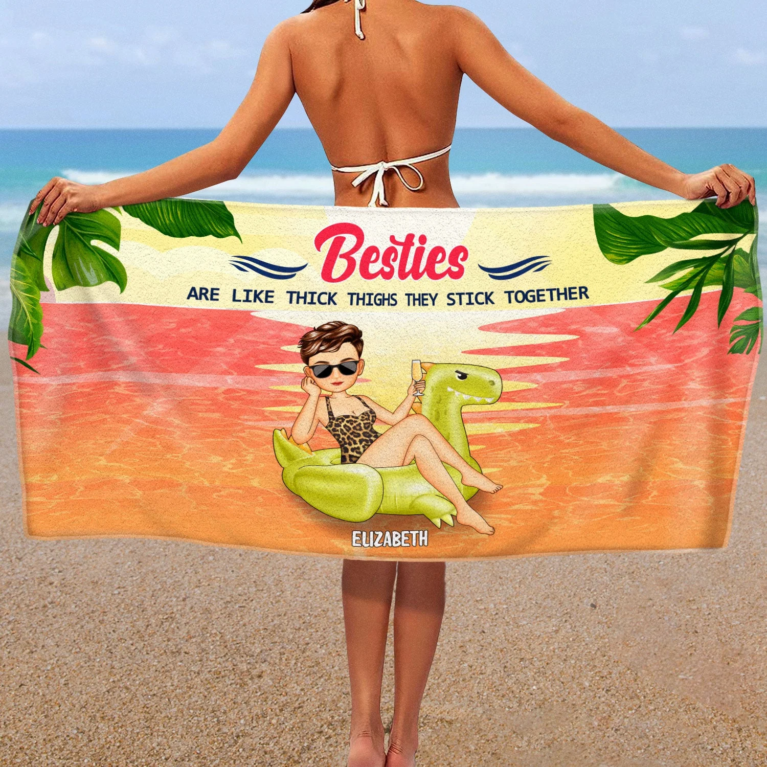 Beach Pool Flamingo Girl Besties Are Like Thick Thighs - Gift For Besties - Personalized Beach Towel - Image 2
