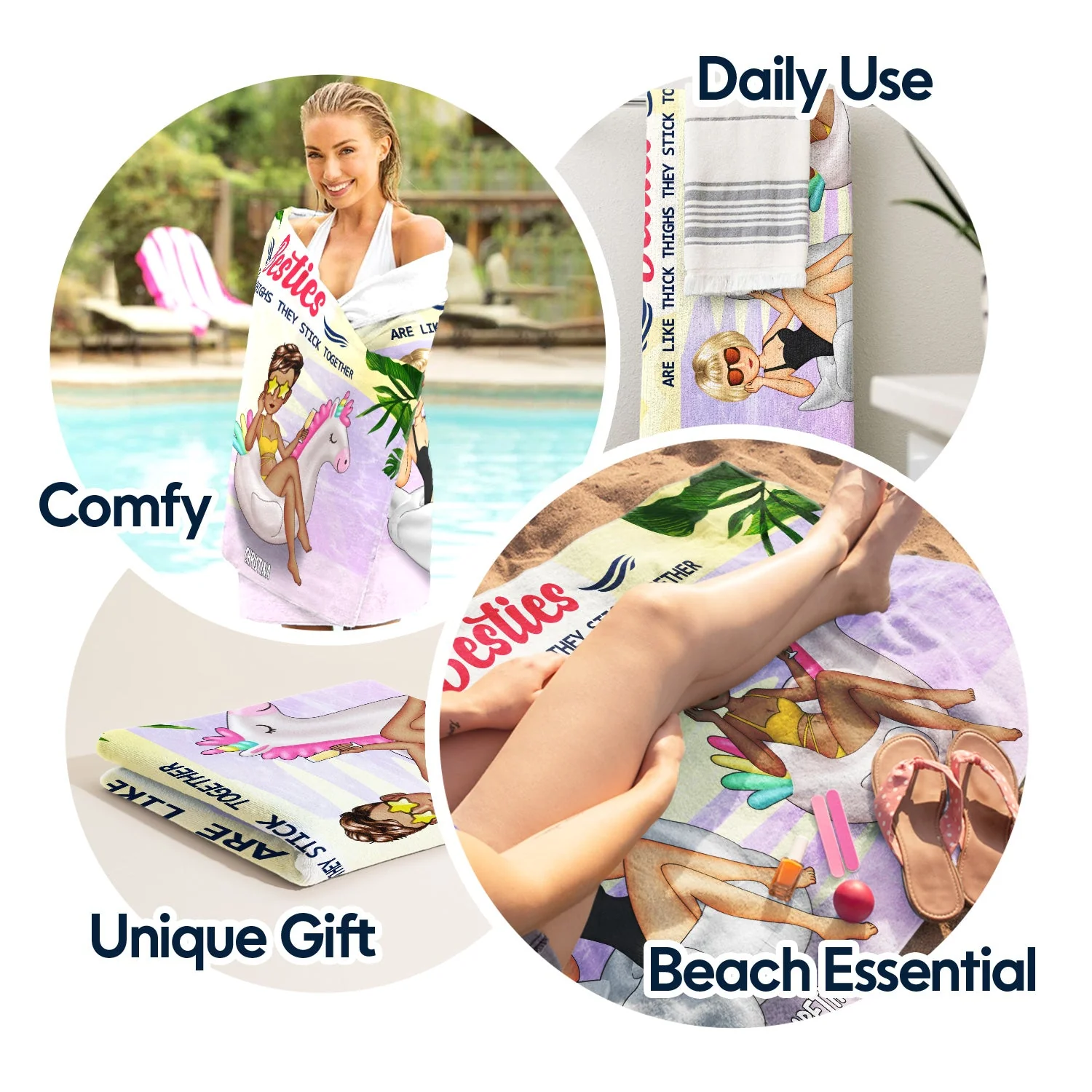 Beach Pool Flamingo Girl Besties Are Like Thick Thighs - Gift For Besties - Personalized Beach Towel - Image 5