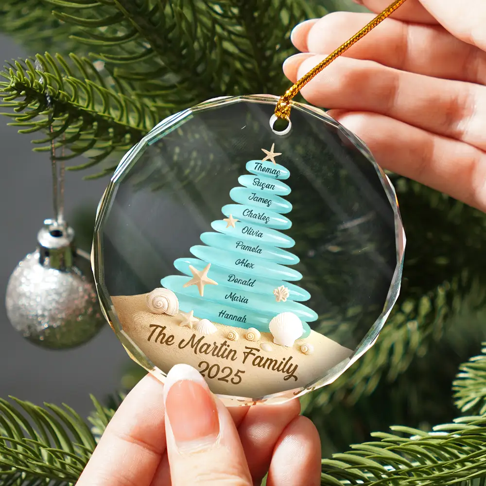Beach Stones Family Christmas - Personalized Circle Glass Ornament - Image 2