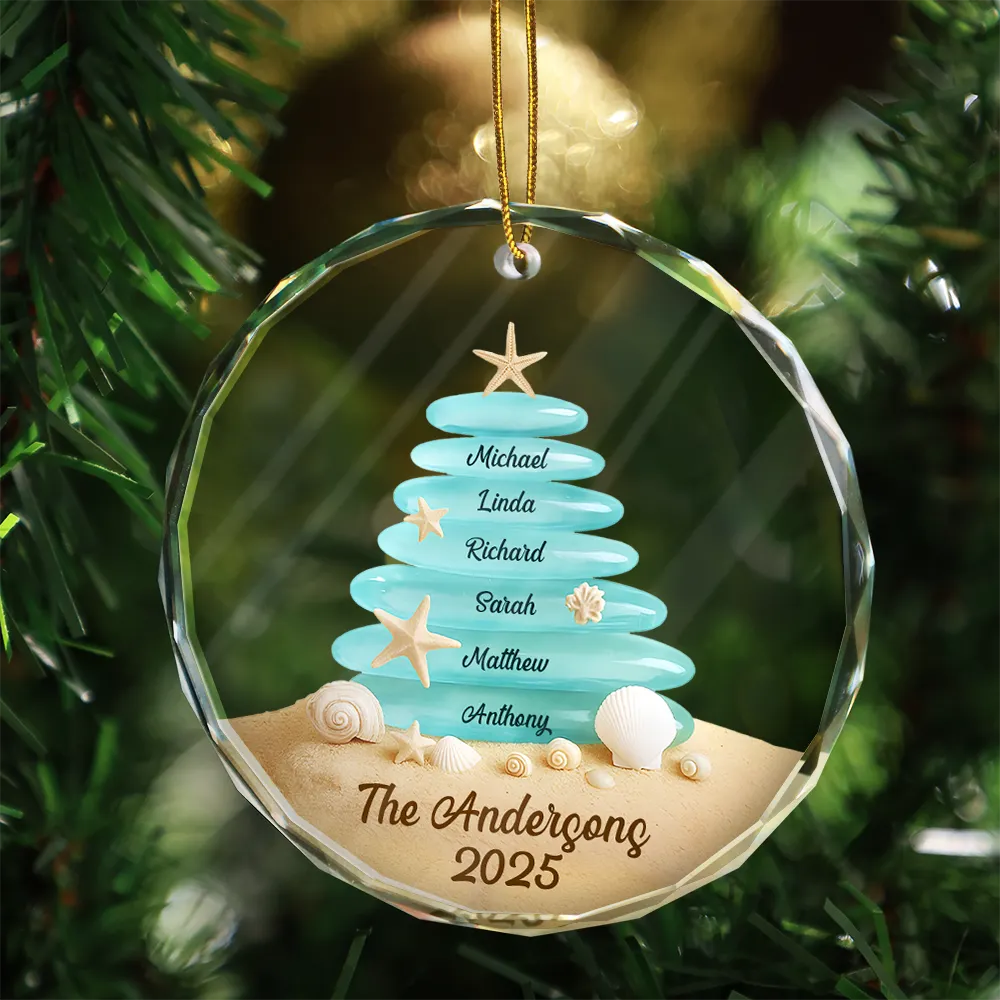 Beach Stones Family Christmas - Personalized Circle Glass Ornament - Image 3