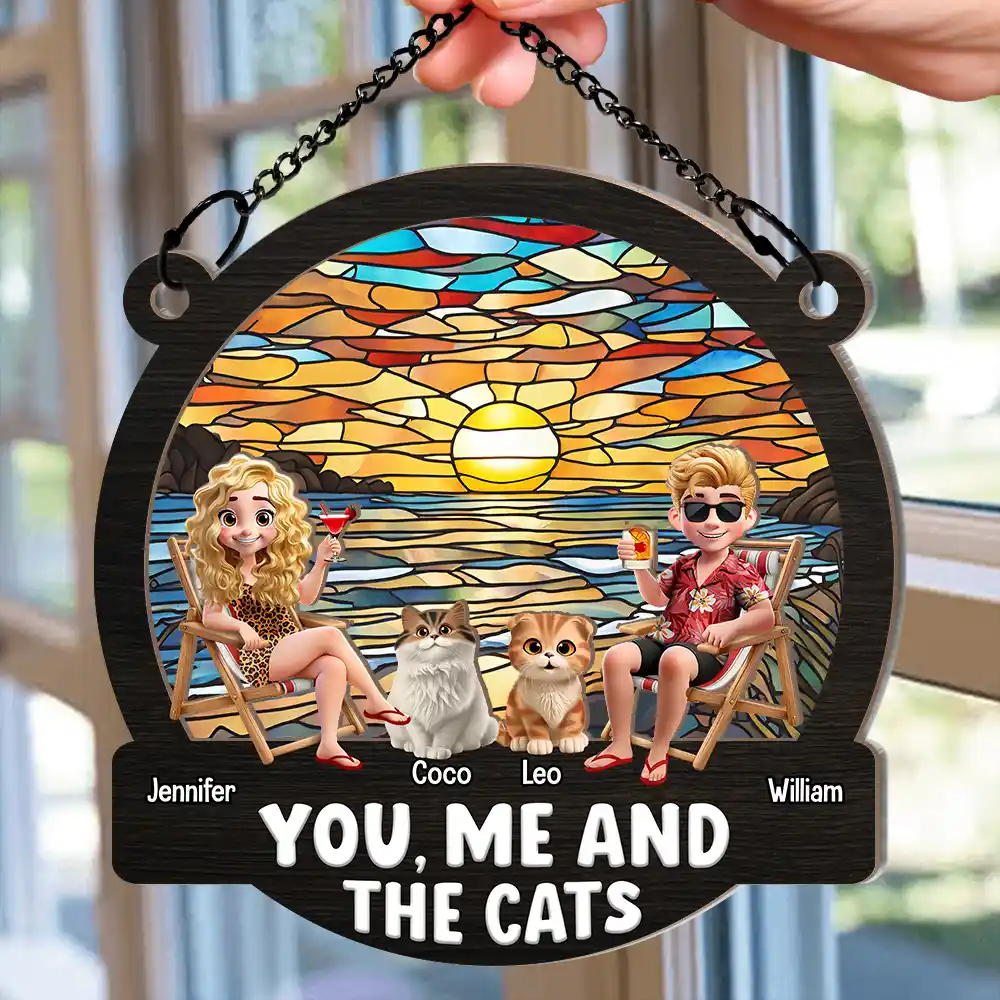 Beach You, Me And The Cats - Personalized Window Hanging Suncatcher Ornament - Image 2