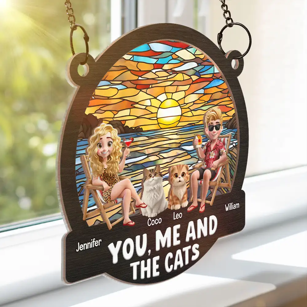 Beach You, Me And The Cats - Personalized Window Hanging Suncatcher Ornament - Image 3