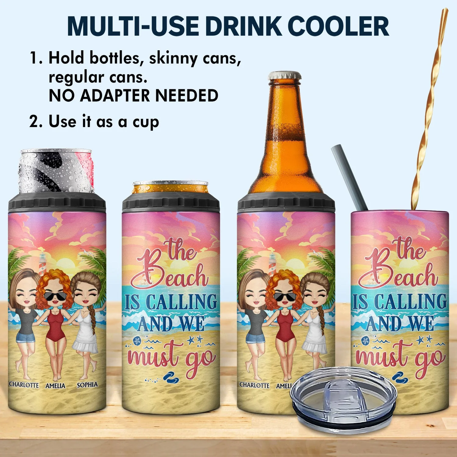 Beaches Booze Besties Best Friends - Gift For BFF, Siblings, Colleagues - Personalized Custom 4 In 1 Can Cooler Tumbler - Image 2