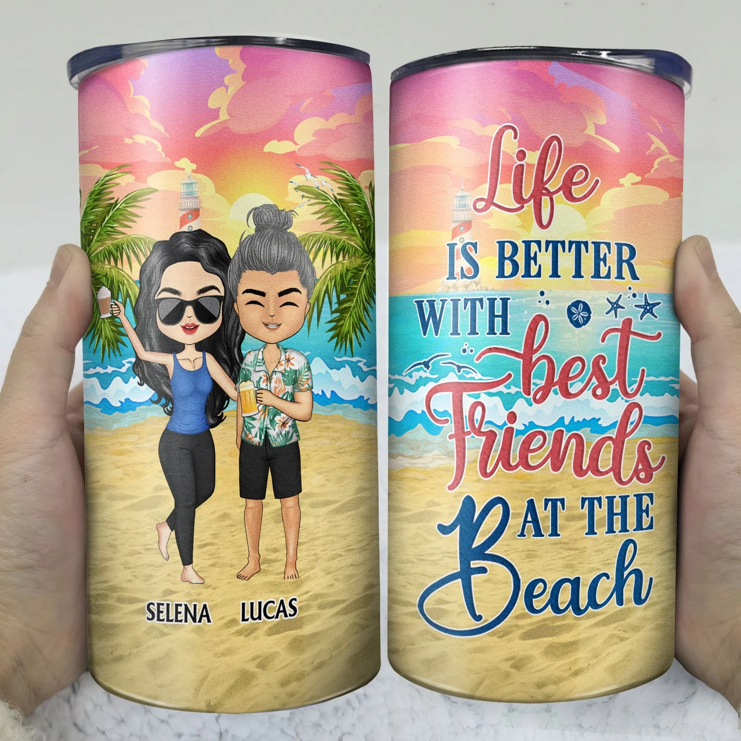 Beaches Booze Besties Best Friends - Gift For BFF, Siblings, Colleagues - Personalized Custom 4 In 1 Can Cooler Tumbler - Image 3