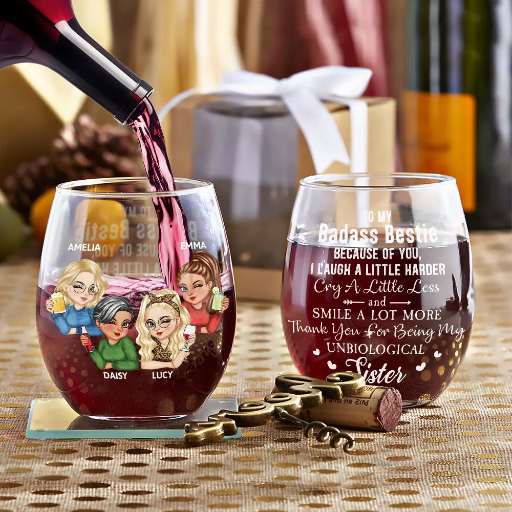 Because Of You I Laugh A Little Harder Besties - Personalized Stemless Wine Glass - Image 3