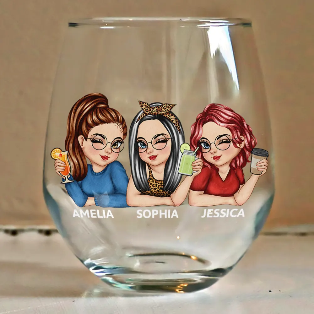 Because Of You I Laugh A Little Harder Besties - Personalized Stemless Wine Glass - Image 4