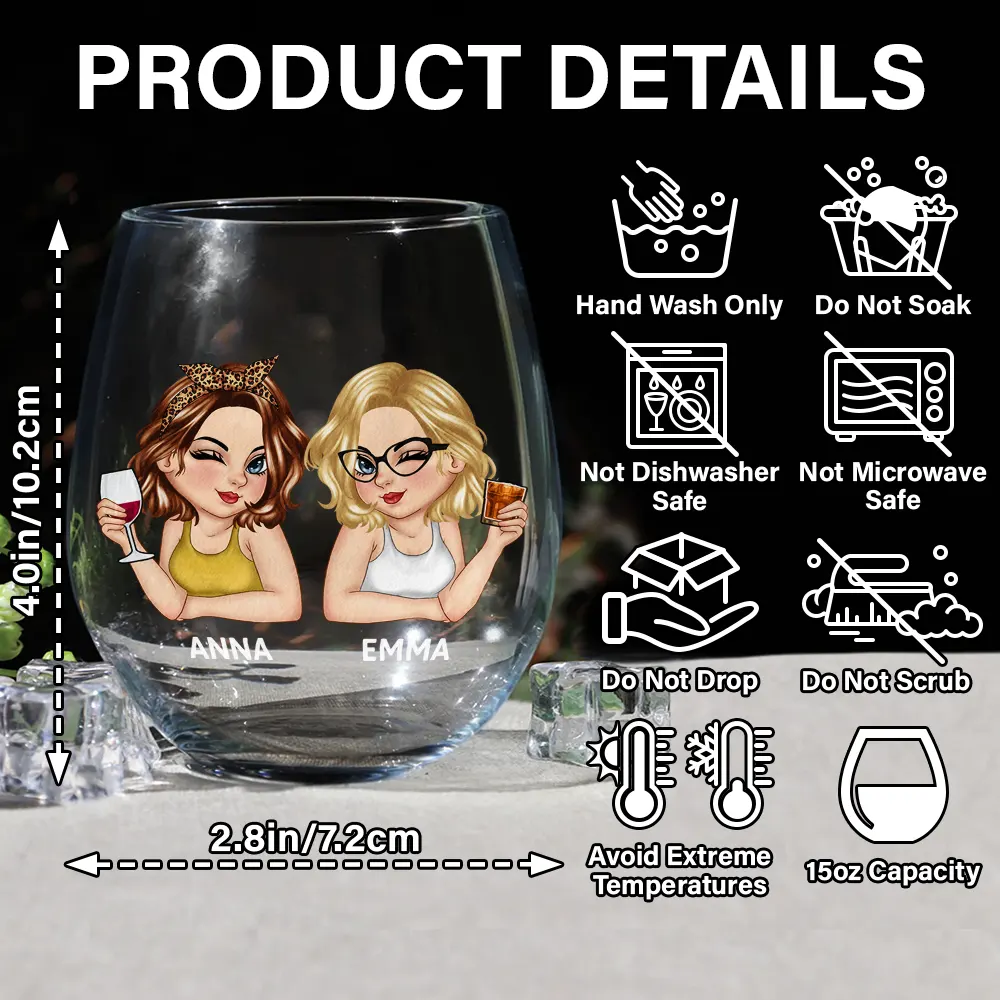 Because Of You I Laugh A Little Harder Besties - Personalized Stemless Wine Glass - Image 5